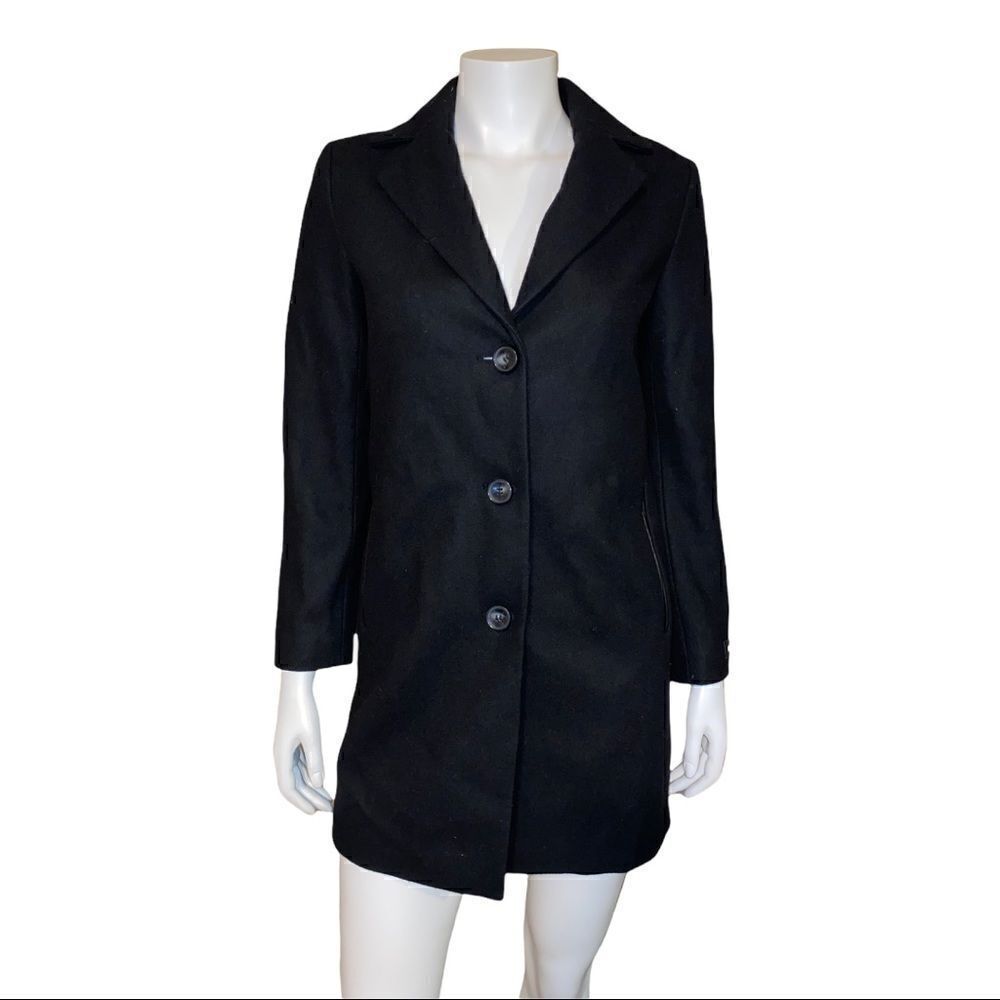 DKNY Petite Faux Leather Trim Black Wool Coat Size PXS NWT